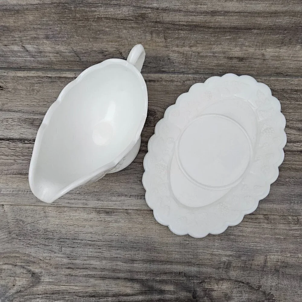 WESTMORELAND Paneled Grape Vintage Milk Glass Gravy Boat with Tray